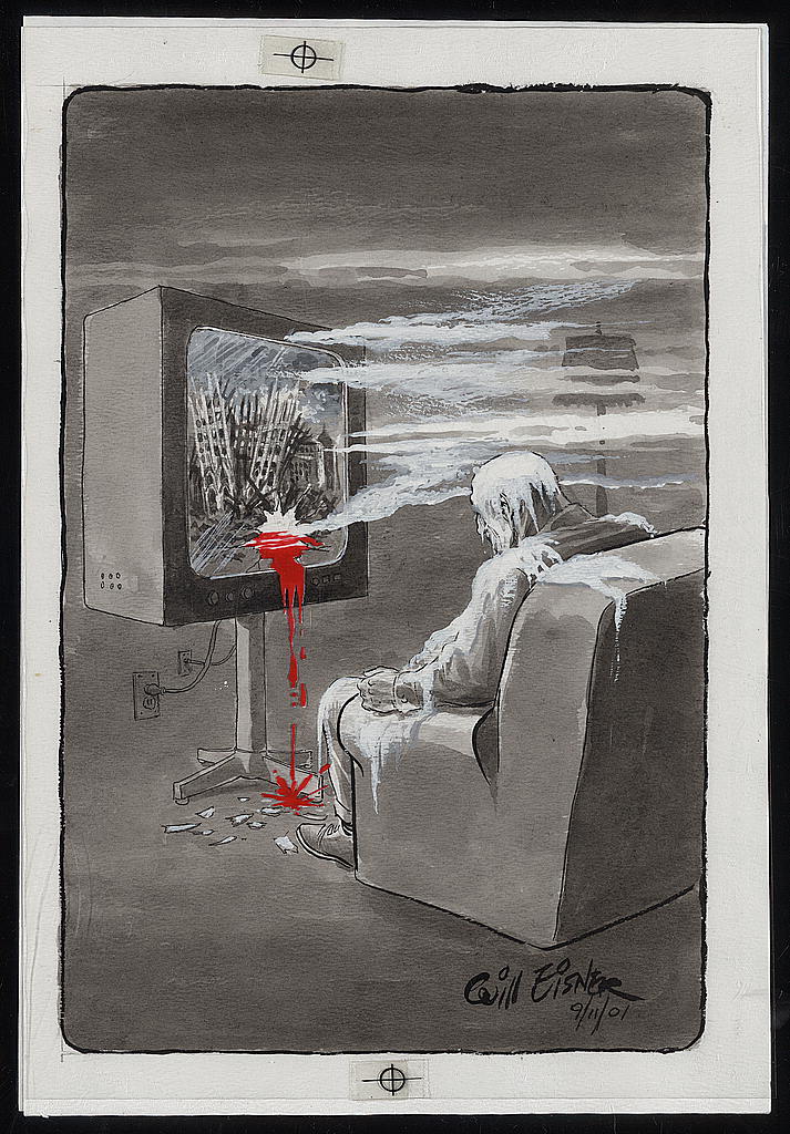 Will Eisner, Reality 9/11, ink, with red pigment mylar overlay, 2001. Library of Congress, Prints and Photographs Division. Gift of Will Eisner. 